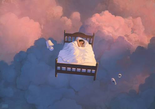 ilustração cama voando em nuvens